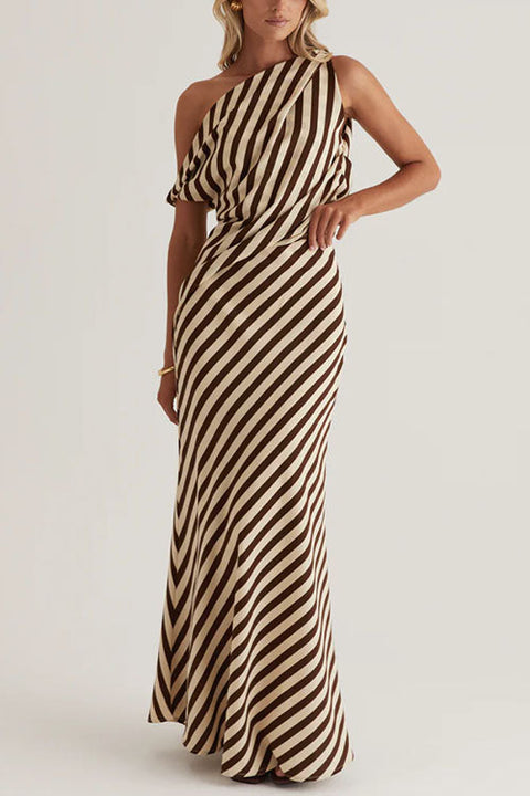 Striped One Shoulder Asymmetric Hem Top and Maxi Skirt Set