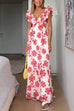 Ruffle V Neck Tie Back Floral Print Maxi Dress