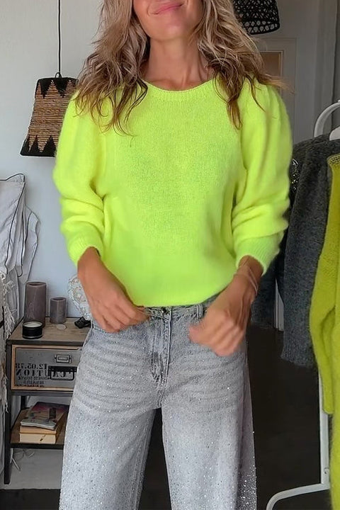 Round Neck Puff Sleeves Fluorescent Sweater(2 Colors!)