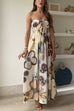 Strapless Lace-up Cut Out Floral Print Swing Maxi Dress