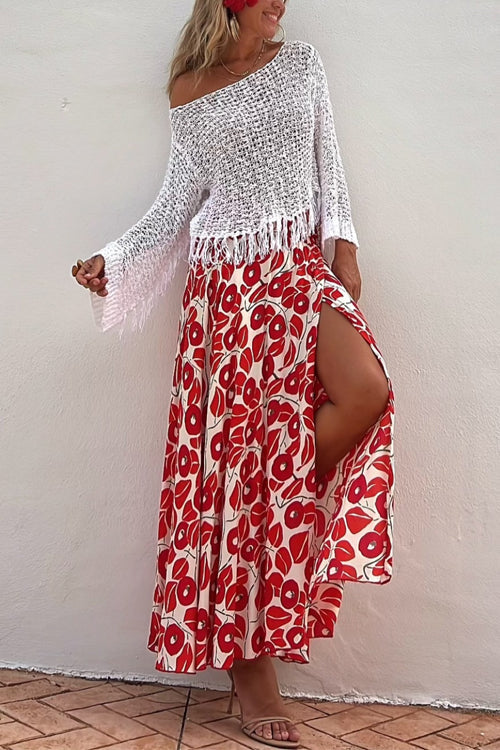 High Slit Abstract Print Flowy Maxi Skirt