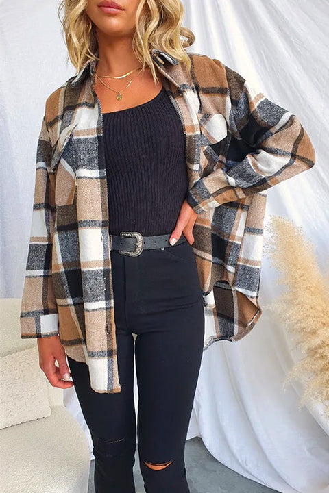 Heididress Lapel Button Down Pockets Plaid Shacket Coat