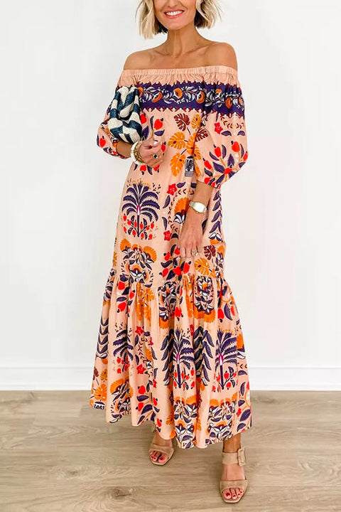 Heididress Off Shoulder Lantern Sleeves Printed Ruffle Maxi Dress