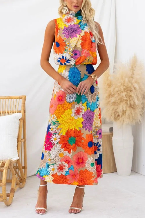 Heididress Sleeveless Tie Neck Waisted Floral Print Maxi Dress