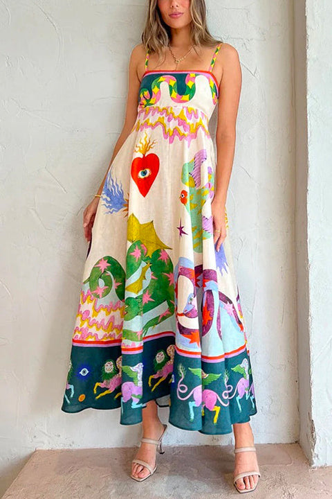 Heididress High Waist Cartoon Printed Swing Maxi Cami Dress