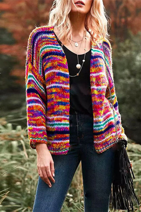 Heididress Rainbow Stripes Open Front Knitting Cardigan