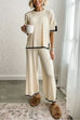 Heididress Color Block Short Sleeves Side Split Pullover Wide Leg Pants Knitting Loungewear Set