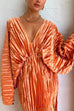 V Neck Bubble Sleeves Side Split Pleated Maxi Dress
