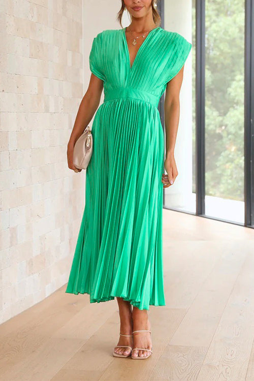 Heididress Deep V Neck Waisted Maxi Pleated Swing Dress