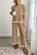 Heididress Color Block Short Sleeves Side Split Pullover Wide Leg Pants Knitting Loungewear Set