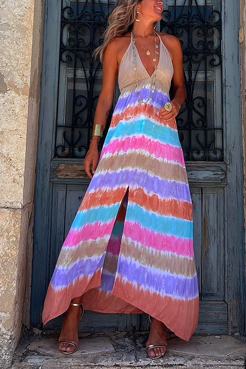 Heididress Halter Deep V Neck Slit Tie Dye Maxi Cami Dress