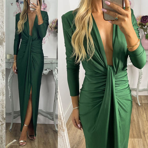 Heididress Deep V Neck Ruched Slit Maxi Bodycon Dress