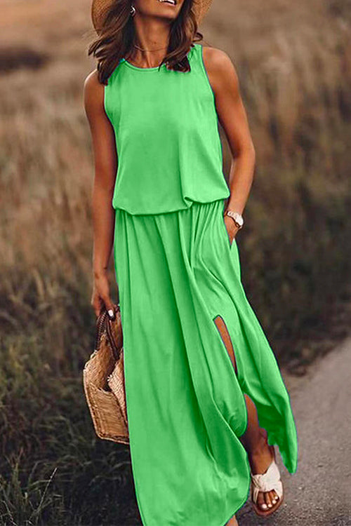 Heididress Sleeveless Waisted Slit Maxi Tank Dress