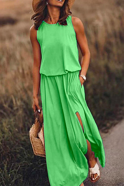 Heididress Sleeveless Waisted Slit Maxi Tank Dress