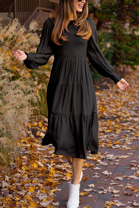 Heididress Crewneck Frill Smocked Lantern Sleeve Swing Dress