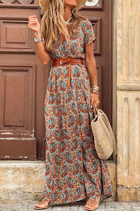 Heididress Bohemia Wrap V Neck High Split Printed Dress