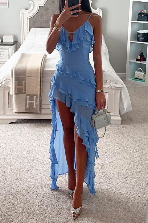 Heididress V Neck Ruffle Trim High Low Hem Party Cami Dress