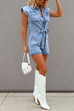 Heididress Button Up Short Sleeves Tie Waist Distressed Denim Romper