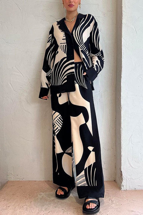 Heididress Graphic Printed Long Sleeve Blouse Shirt Wide Leg Pants 2 Pieces Set