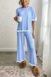 Heididress Color Block Short Sleeves Side Split Pullover Wide Leg Pants Knitting Loungewear Set