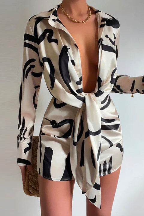 Heididress Lapel Long Sleeve Tie Knot Front Printed Mini Dress