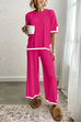 Heididress Color Block Short Sleeves Side Split Pullover Wide Leg Pants Knitting Loungewear Set