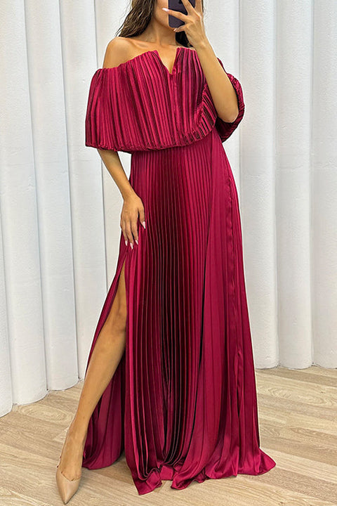 Heididress Off Shoulder Waisted High Slit Pleated Maxi Dress