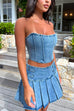 Heididress Crop Tube Top High Rise Slit Pleated Mini Skirt Denim Set