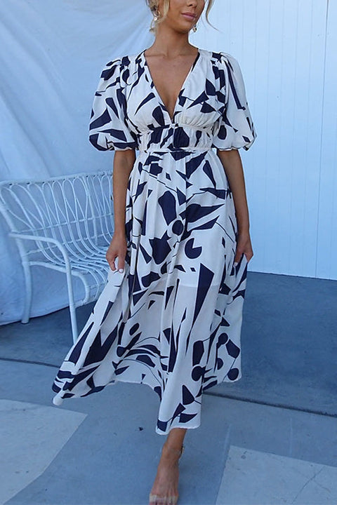 Heididress V Neck Puff Sleeves Printed Maxi Flowy Dress