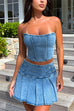 Heididress Crop Tube Top High Rise Slit Pleated Mini Skirt Denim Set