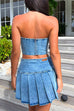 Heididress Crop Tube Top High Rise Slit Pleated Mini Skirt Denim Set