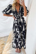 Heididress V Neck Puff Sleeves Printed Maxi Flowy Dress