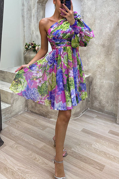 Heididress Ruched One Shoulder Waisted Floral Print Flowy Dress