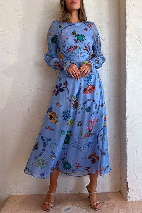 Heididress Balloon Long Sleeves Cut Out Graffiti Printed Flowy Midi Dress