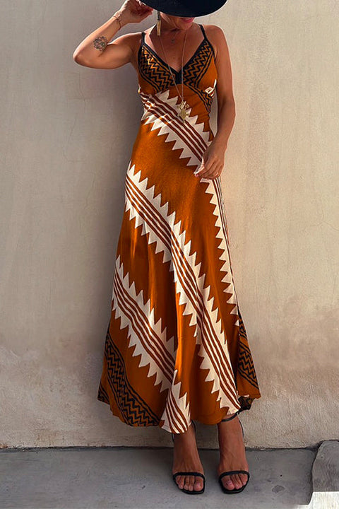 Heididress V Neck Color Block Printed Maxi Swing Cami Dress