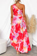 One Shoulder Sleeveless Print Asymmetric Maxi Pleated Dress