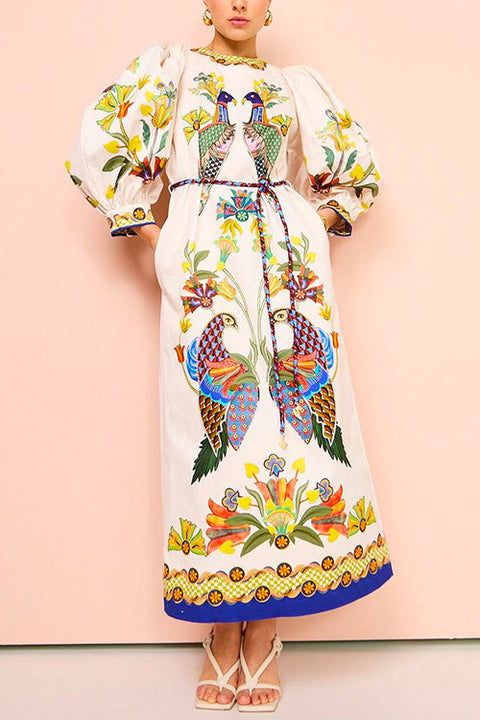 Heididress 3/4 Puff Sleeves Back Slit Birdie Printed Maxi Dress