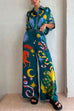 Heididress Cartoon Printed Rolled Up Sleeves Blouse Shirt Wide Leg Pants Holiday Set