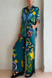 Heididress Cartoon Printed Rolled Up Sleeves Blouse Shirt Wide Leg Pants Holiday Set