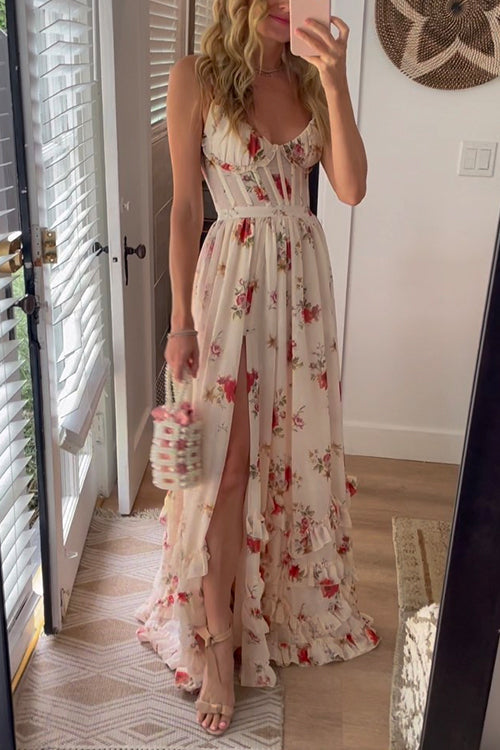 Heididress Spaghetti Strap Ruffle Layered Slit Dainty Floral Maxi Dress