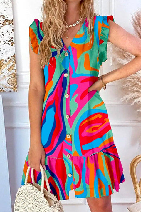 Heididress V Neck Button Up Printed Ruffle A-line Dress