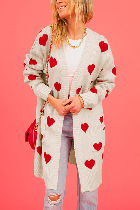 Heididress Open Front Pocketed Valentines Date Heart Print Cardigan