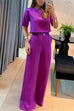 Heididress Crewneck Short Sleeve Crop Top Wide Leg Palazzo Pants Outfits Set