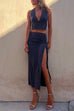 Heididress Deep V Neck Sleeveless Crop Top Drawstring Side Split Skirt Set