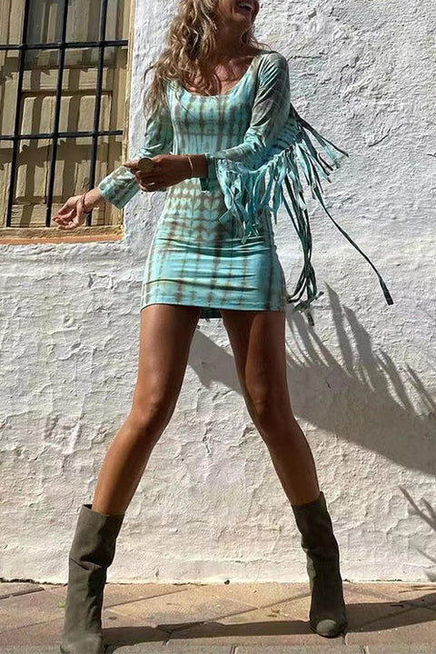 Heididress Tie Dye Long Sleeves Tassle Mini Dress