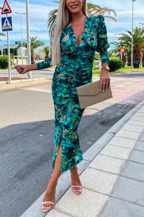 Heididress Deep V Neck Long Sleeve Ruched Slit Printed Bodycon Dress