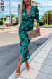 Heididress Deep V Neck Long Sleeve Ruched Slit Printed Bodycon Dress