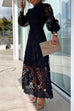 Heididress Mockneck Puff Sleeves Lace Hollow Out Mid Dress