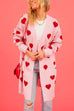 Heididress Open Front Pocketed Valentines Date Heart Print Cardigan