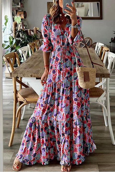 Heididress V Neck Drawstring Waist Ruffle Tiered Printed Maxi Holiday Dress